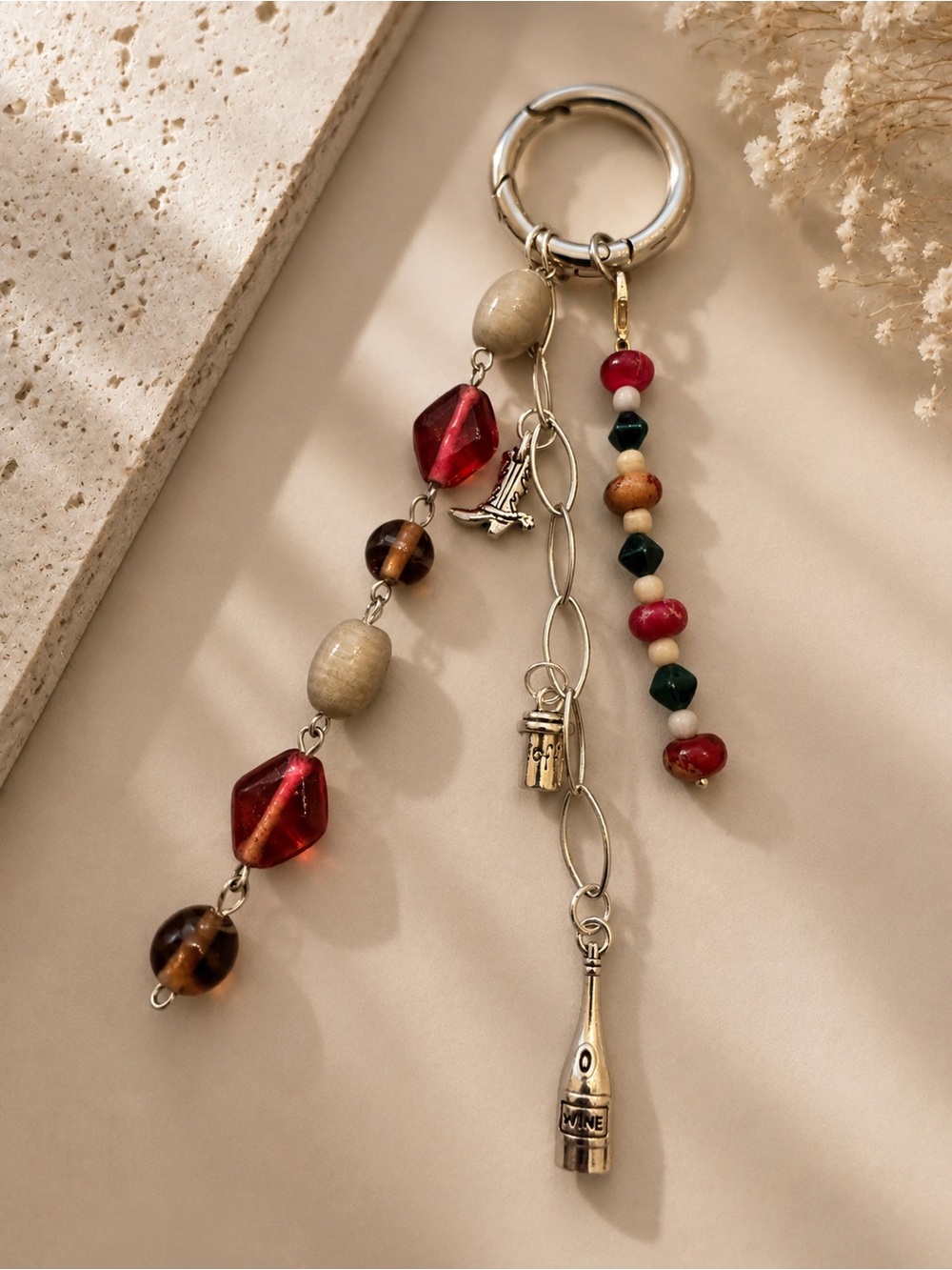 Handcrafted Beaded Wine & Coffee-Themed Bag Charm/Key Ring– One-of-a-Kind